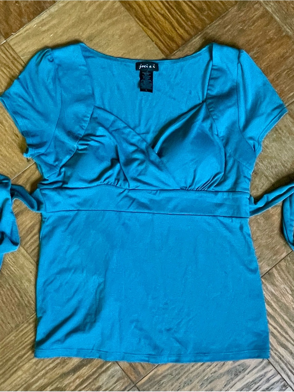 Joci & I Turquoise Blue V-Neck Top Ruched Cap Sleeve Tie Waist Size Large